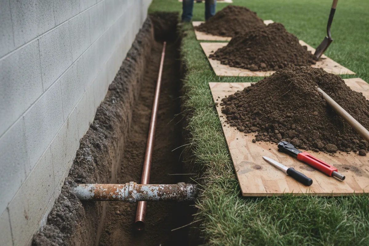 Excavated water line trench during Water Heater Repair in Rex
